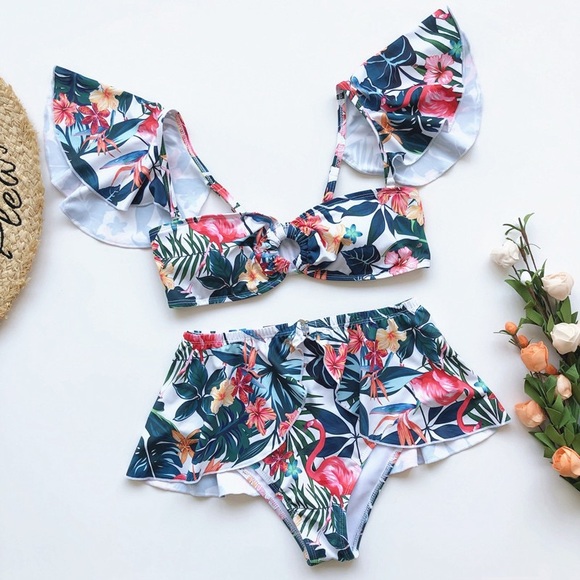 B2G1♦️⛱🦩O Ring Floral Ruffle Bikini Set Swimwear - Picture 3 of 5